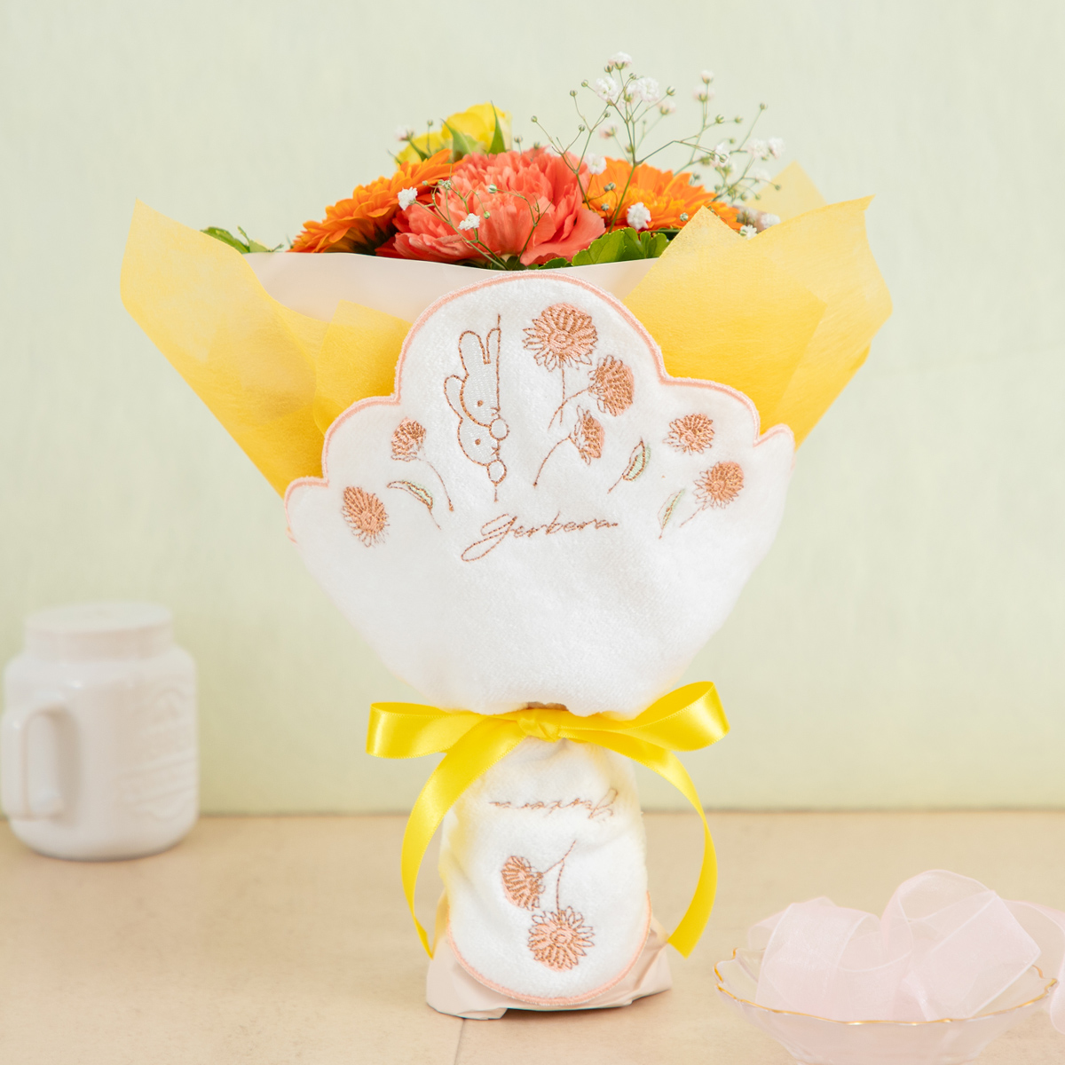 直送商品A】ミニタオル/チャームが選べる フラワーブーケ イエロー